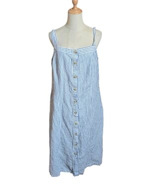 Liz Claiborne Striped Linen Blend Button-Front Jumper Midi Sundress - Blue/White